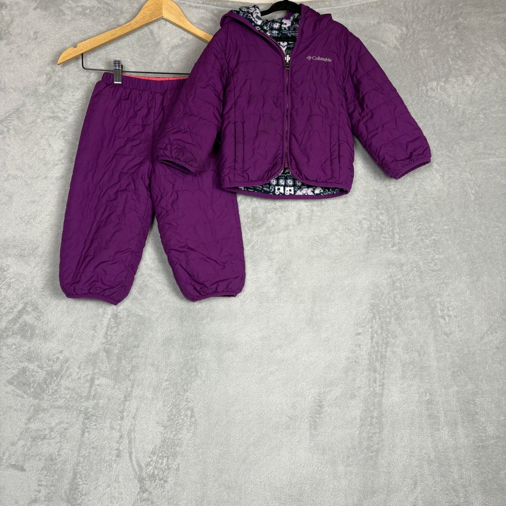 Columbia Toddler Girls Purple Reversible Snow Suit Set 3T Puffer Fleece Winter